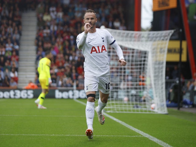 Tottenham Hotspur's James Maddison celebrates scoring against Bournemouth on August 26, 2023