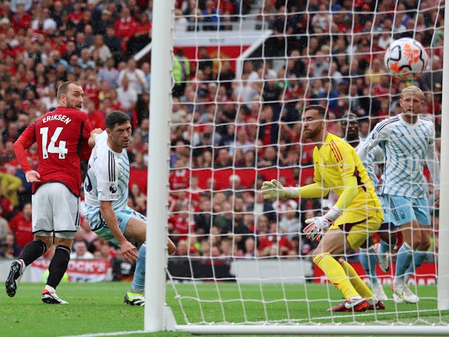 Manchester United's Christian Eriksen scores against Nottingham Forest on August 26, 2023