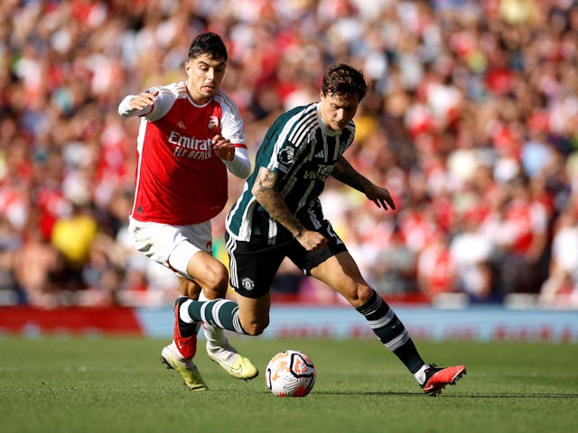 Arsenal's Kai Havertz in action with Manchester United's Victor Lindelof on September 3, 2023