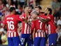 Atletico Madrid's Memphis Depay celebrates scoring their second goal with teammates on August 28, 2023