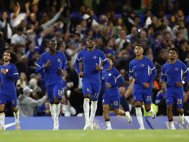 Chelsea's Noni Madueke celebrates scoring against AFC Wimbledon on August 30, 2023