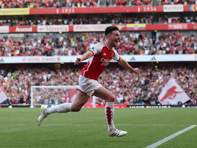 Arsenal midfielder Declan Rice celebrates scoring against Manchester United on September 3, 2023