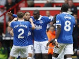 Everton's Arnaut Danjuma celebrates scoring their second goal with Abdoulaye Doucoure, Nathan Patterson and Idrissa Gueye on September 2, 2023