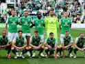 Hibernian players pose for a team group photo before the match on August 23, 2023