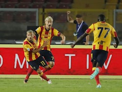 Lecce's Federico Di Francesco celebrates scoring their second goal on August 20, 2023