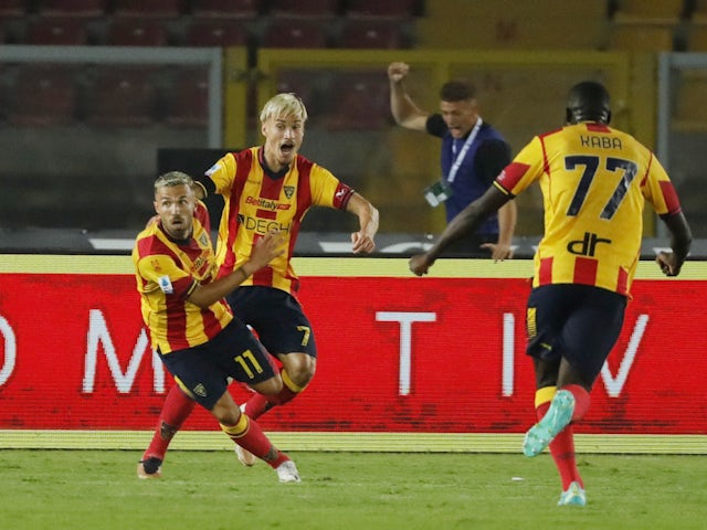 Lecce's Federico Di Francesco celebrates scoring their second goal on August 20, 2023