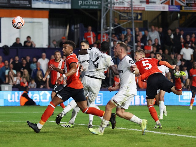 Luton Town's Mads Andersen scores their first goal on September 1, 2023