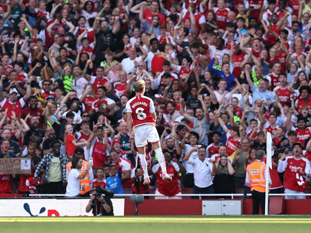 Arsenal's Martin Odegaard celebrates scoring against Manchester United on September 3, 2023