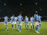 Napoli's Victor Osimhen celebrates scoring their first goal with teammates on August 27, 2023