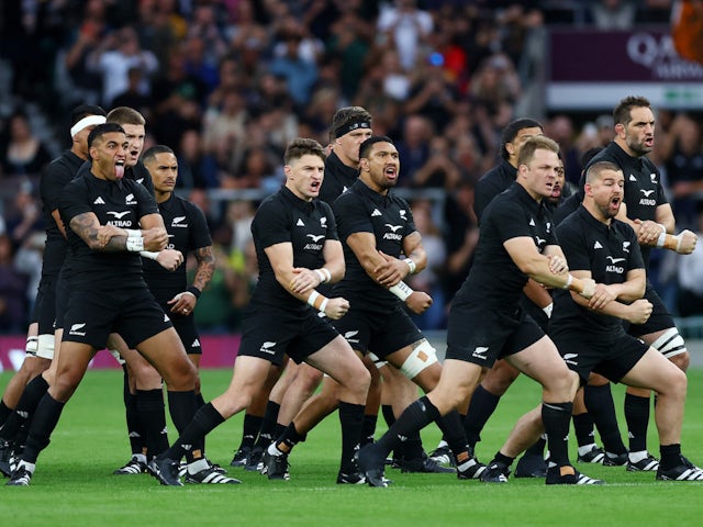 New Zealand players perform the haka before the match on August 25, 2023