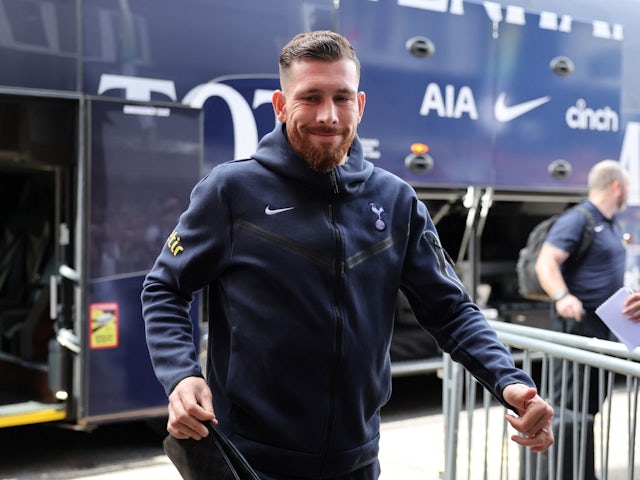Tottenham Hotspur's Pierre-Emile Hojbjerg arrives outside the stadium before the match on August 26, 2023