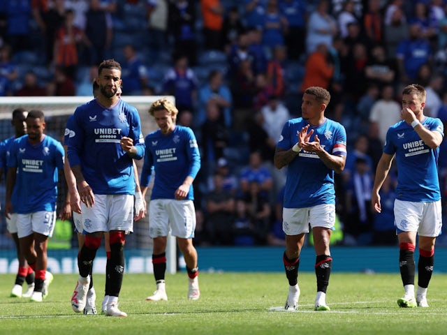 Rangers' Connor Goldson, James Tavernier and Nicolas Raskin applauds fans after the match on September 3, 2023