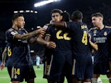 Real Madrid's Jude Bellingham celebrates scoring their first goal with teammates on August 25, 2023