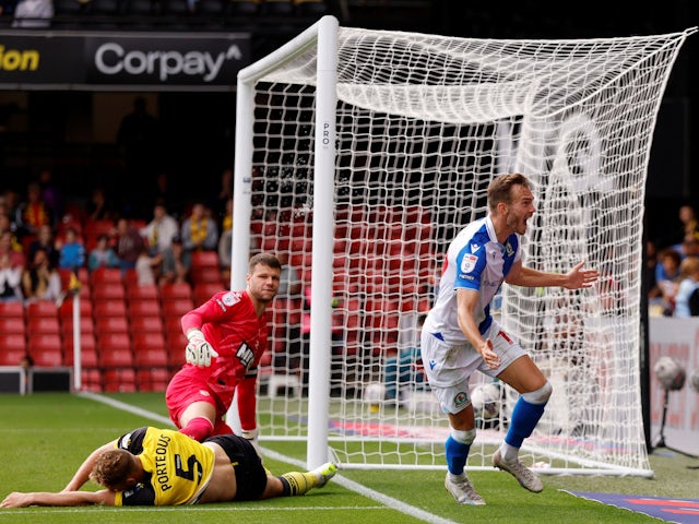 Blackburn Rovers' Ryan Hedges celebrates scoring their first goal on August 27, 2023