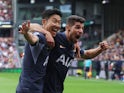Tottenham Hotspur's Son Heung-min celebrates scoring their fourth goal with teammate Manor Solomon on September 2, 2023