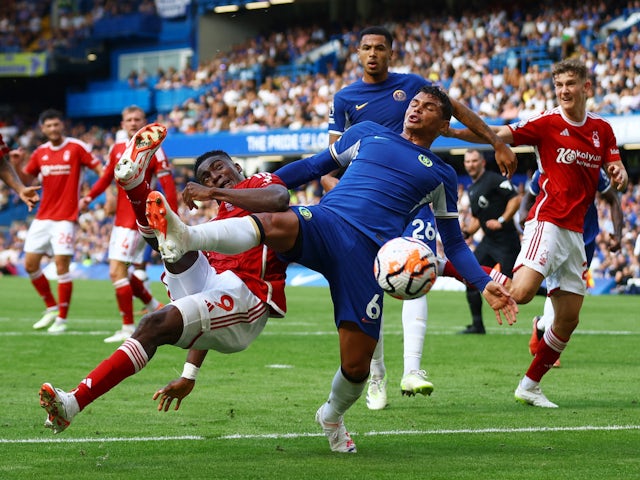 Chelsea's Thiago Silva in action with Nottingham Forest's Taiwo Awoniyi on September 2, 2023