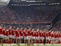 Wales rugby players line up before the match on August 19, 2023