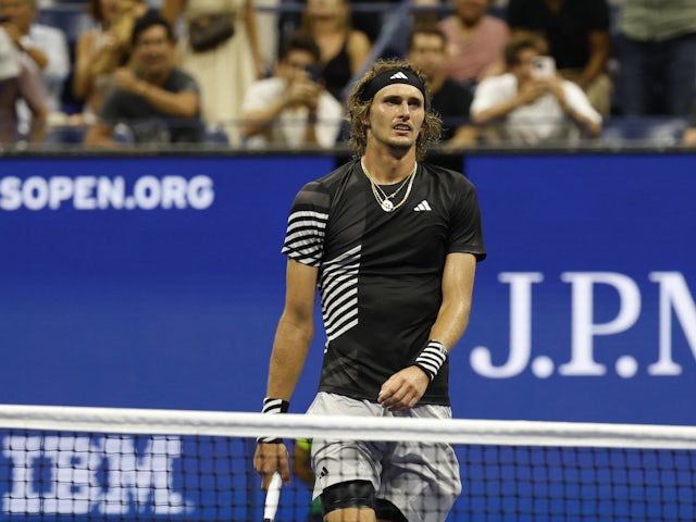 Alexander Zverev of Germany reacts after match point on September 5, 2023