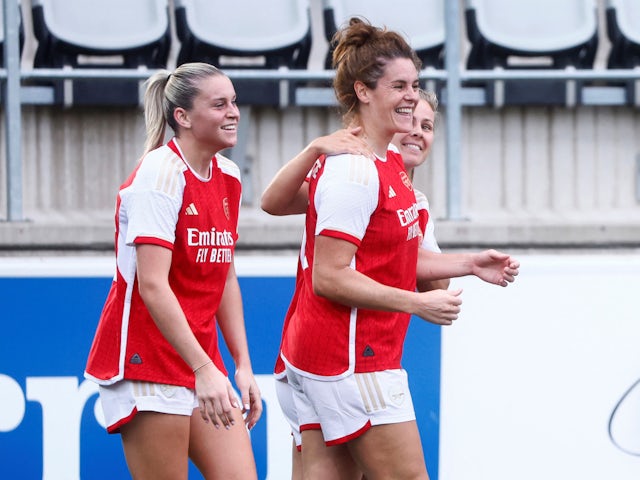 Arsenal Women's Alessia Russo celebrates scoring their second goal with teammates on September 9, 2023