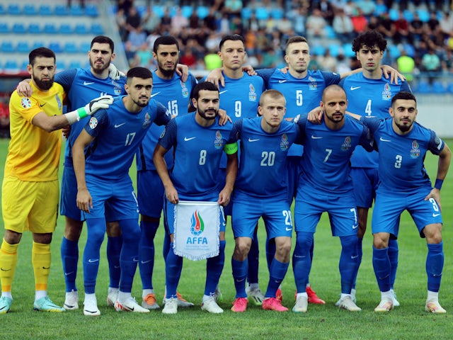Azerbaijan players pose for a team group photo before the match on September 9, 2023