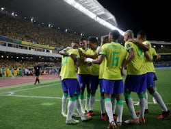 Brazil's Neymar celebrates scoring their fourth goal with teammates on September 9, 2023