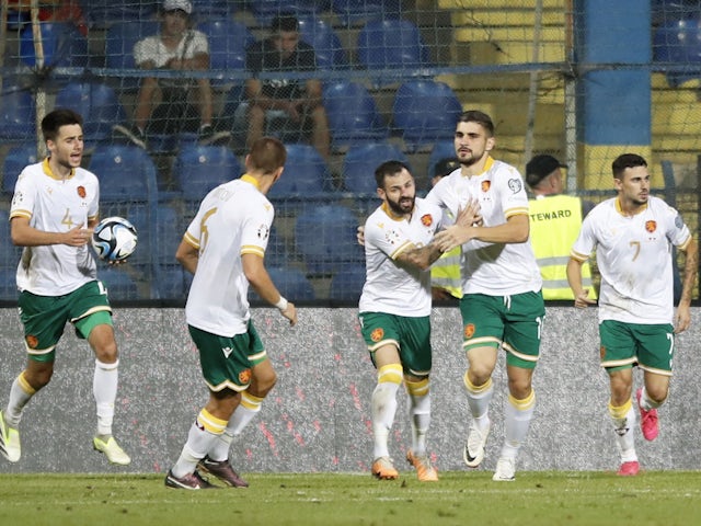 Bulgaria players celebrate after Preslav Borukov scores their first goal on September 10, 2023