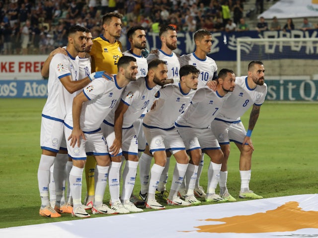 Cyprus players pose for a team group photo before the match on September 8, 2023