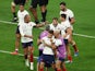  France's Damian Penaud celebrates scoring their first try with Gael Fickou and teammates on September 8, 2023