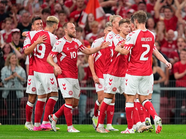 Denmark's Joachim Maehle celebrates scoring their second goal with teammates on September 7, 2023