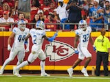 Detroit Lions safety Brian Branch (32) celebrates with safety C.J. Gardner-Johnson (2) and linebacker Malcolm Rodriguez (44) after returning an interception for a touchdown against the Kansas City Chiefs on September 7, 2023