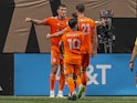 FC Cincinnati forward Brandon Vazquez (19) reacts with teammates after scoring a goal on August 31, 2023