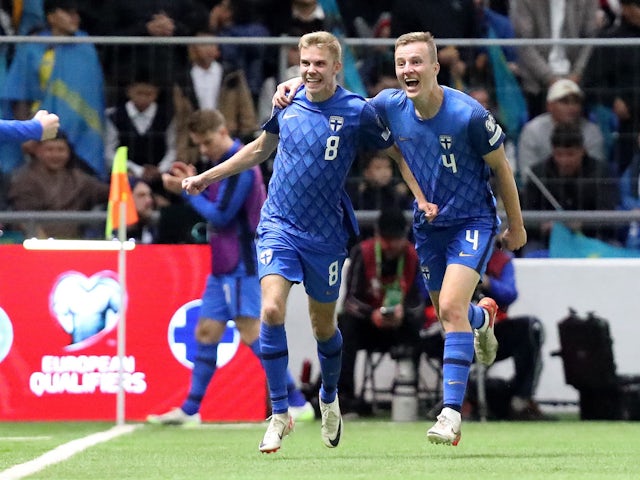 Finland's Oliver Antman celebrates scoring their first goal with Robert Ivanov on September 7, 2023