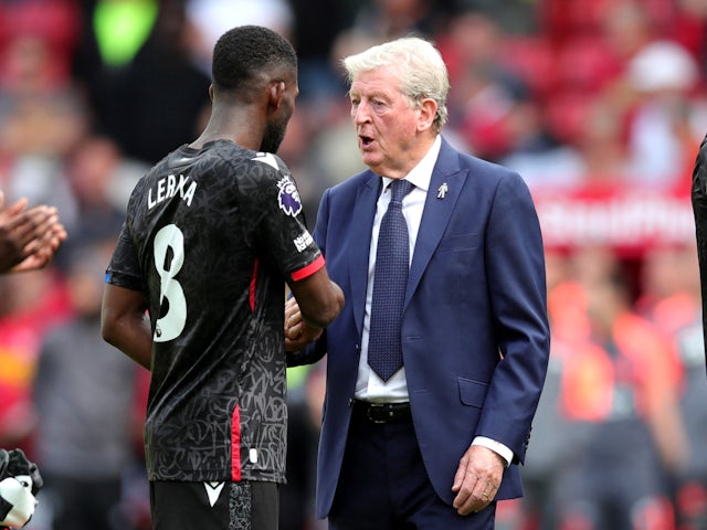 Crystal Palace manager Roy Hodgson celebrates with Jefferson Lerma after the match on August 12, 2023