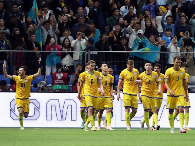 Kazakhstan's Maxim Samorodov celebrates scoring their first goal on September 10, 2023