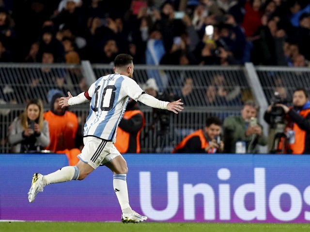 Argentina's Lionel Messi celebrates scoring their first goal on September 8, 2023