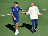 Italy head coach Luciano Spalletti and Gianluca Mancini pictured during training on September 4, 2023