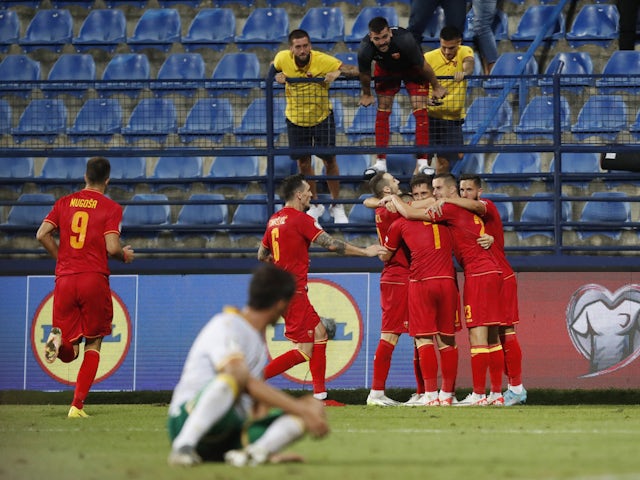 Montenegro players celebrate after Stevan Jovetic scores their second goal on September 10, 2023