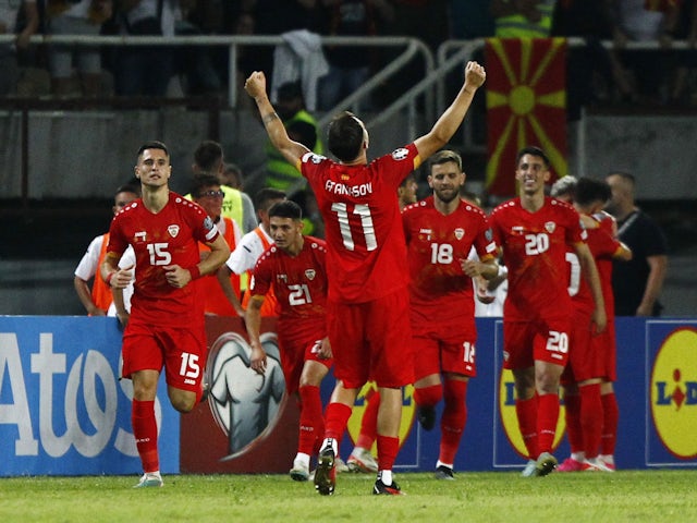 North Macedonia's Jani Atanasov celebrates after Enis Bardhi scores their first goal on September 9, 2023