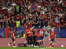 Osasuna's Chimy Avila celebrates scoring their first goal with teammates on September 3, 2023