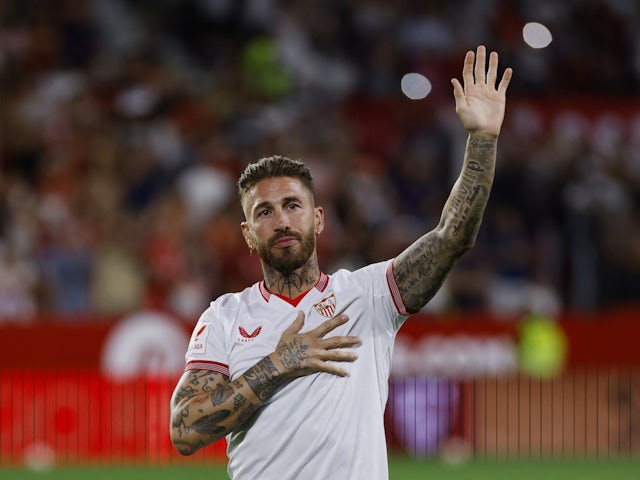 Sevilla's Sergio Ramos waves to fans during the presentation on September 6, 2023