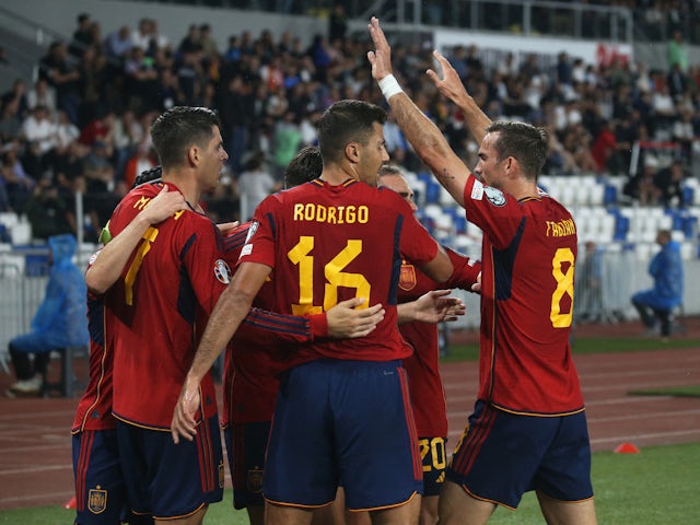 Spain's Alvaro Morata celebrates scoring their first goal with teammates on September 8, 2023