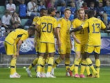 Sweden's Dejan Kulusevski celebrates scoring their second goal with teammates on September 9, 2023