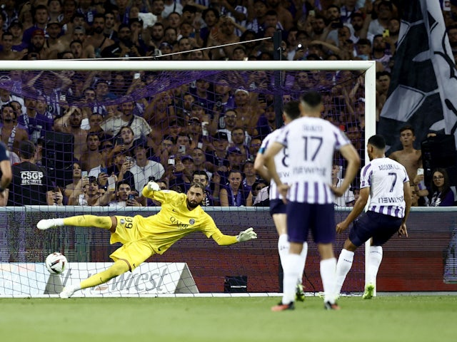 Toulouse's Zakaria Aboukhlal scores their first goal from the penalty spot on August 19, 2023