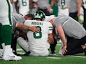 New York Jets quarterback Aaron Rodgers (8) is injured on September 11, 2023