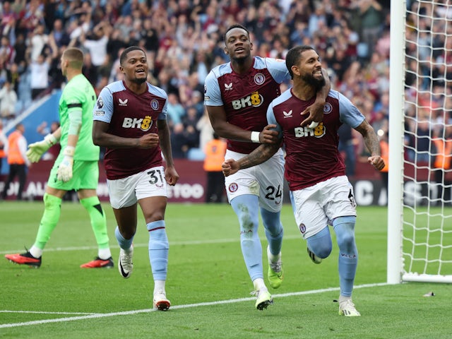 Aston Villa's Douglas Luiz celebrates scoring their second goal with Leon Bailey and Jhon Duran on September 17, 2023