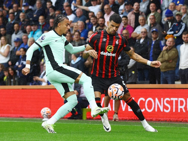 Chelsea's Malo Gusto in action with Bournemouth's Dominic Solanke on September 17, 2023