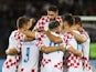 Croatia's Andrej Kramaric celebrates scoring their first goal with teammates on September 11, 2023