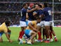 France's Antoine Hastoy celebrates scoring their first try with teammates on September 14, 2023