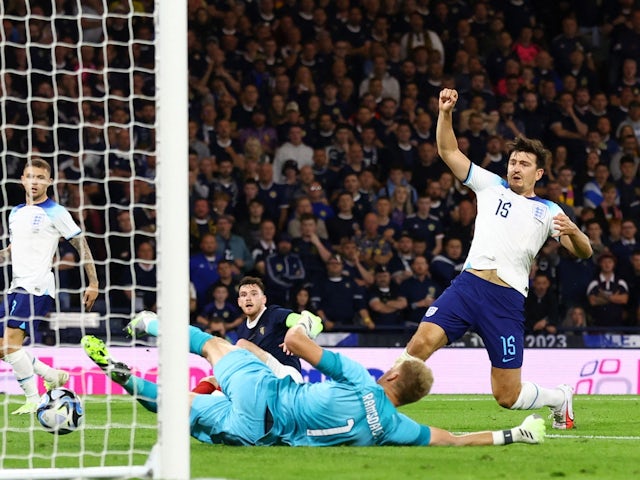 England's Harry Maguire scores an own goal and Scotland's first on September 12, 2023