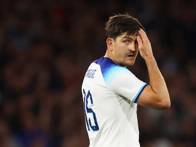 England's Harry Maguire reacts after scoring an own goal on September 12, 2023